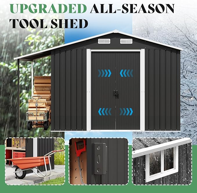 Jocisland Outdoor Storage Shed 10.6x10.3x6.3 FT, Sliding Door Shed with Two 4-Pane Windows for Wood Storage, Dark Grey/White