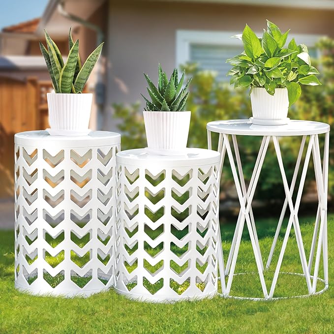 Y&M Side Table,Set of 3 Heavy-Duty Round End Table, Outdoor Decorative Garden Stool Plant Coffee Table for Indoor Multifunctional Use, Stand-White