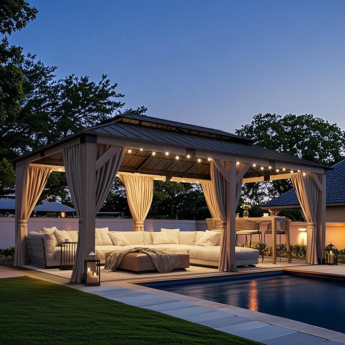 CHARMELEON 12'x20' Cedar Wood Gazebo Hardtop - Wooden Gazebos with Dual Metal Roof - Permanent Outdoor Gazebo - Large All Weather Patio Gazebo for Backyard, Deck & Garden - with Curtains & Netting