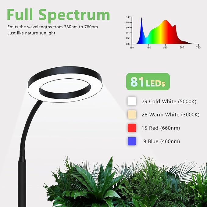 Grow Light for Indoor Plants, Full Spectrum Led Plant Growing Lights with Stand, Tall Halo Floor Growth Lamp with Timer, Height Adjustable, Dimmable Brightness for Large Plants
