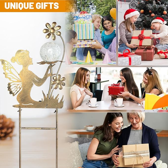 HONGLAND Fairy Garden Accesorries Solar Lights Garden Decor for Outside, Fairy Figurine Moon Lights Stake Housewarming Gifts for Patio Lawn Yard Pathway- Unique Gardening Gifts for Women Mom Grandma