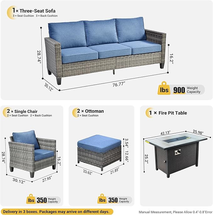ovios Patio Furniture Set, 6 Pieces Outdoor Wicker Sofa Couch with Fire Pit Table, Ottomans and Comfy Cushions, All Weather High Back Rattan Conversation Set, Denim Blue