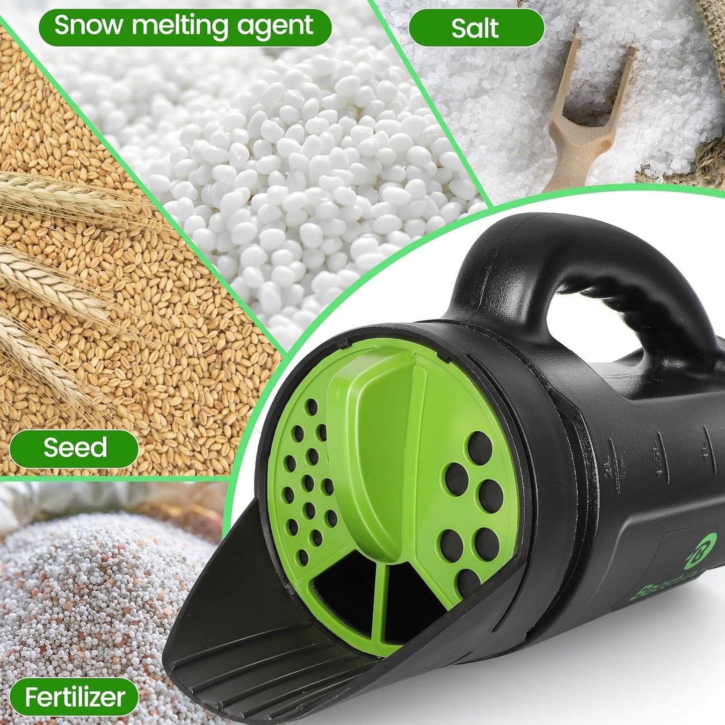 Hand Spreader Shaker, Multiple Adjustable Opening Sizes for All Purpose for Grass Seed, Fertilizer & Earth Food, Snow Salt, Ice and Snow Melt - Up to 80 Oz