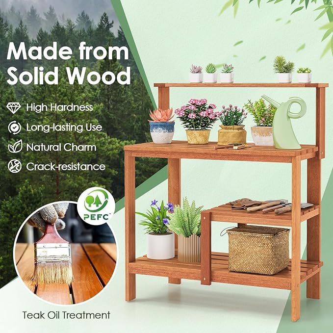 Happygrill Potting Bench Table, Outdoor Wood Work Bench with Storage, Open Shelves & Teak Oil Finish, Patio Horticulture Garden Table for Backyard, Balcony, Natural