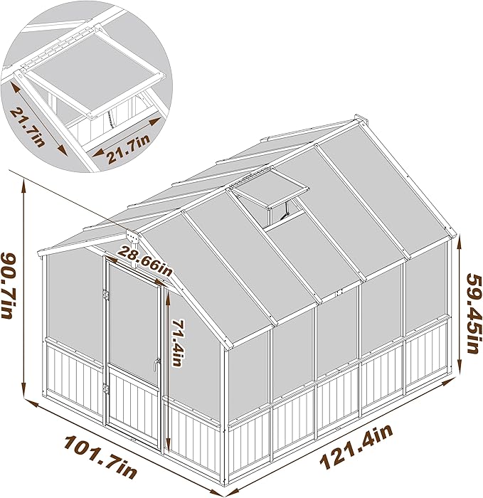 8x10 FT Greenhouse Kit with 6MM Thick Polycarbonate Panel for Outdoor, Wooden Walk-in Green House with Adjustable Roof Vent and Lockable Door, Backyard, Garden, Light Mocha Brown