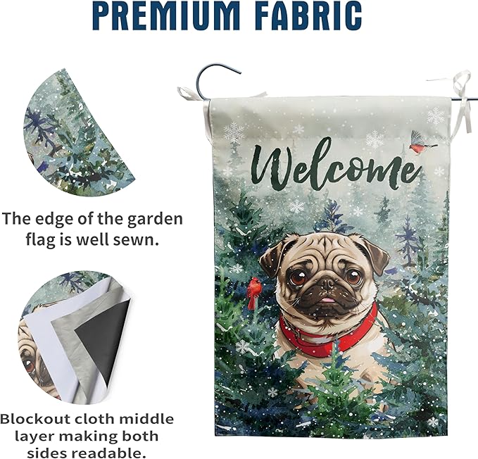 Welcome Winter Garden Flags Pug Garden Flag Cardinal Birds on Snowy Pine Tree Flag Dog Yard Flags for Outside 12x18 Double Sided Christmas Decorative Lawn Flags