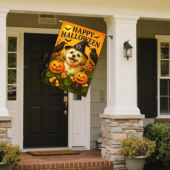 IVN Halloween Shih Tzu Garden Flag 28 x 40 Inch Double Sided House Flag with Witch Hat Pumpkin and Raven Design for Spooky Outdoor Porch Decor