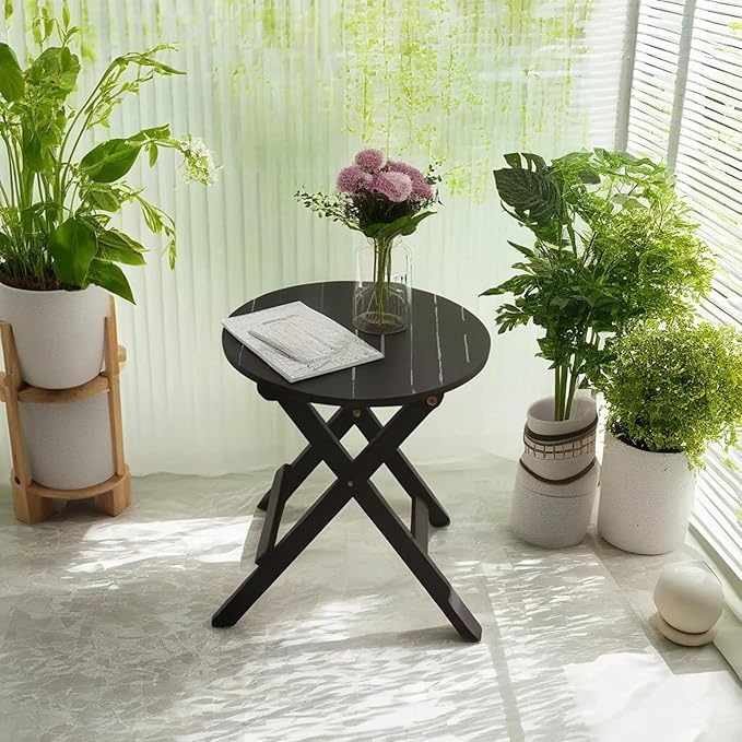 Small Round Folding Side Table Set of 2, Patio Foldable Wooden End Tables for Outdoor Indoor Porch Camping Living Room Bedside Couch, as Coffee Table or Plant Stand, Black