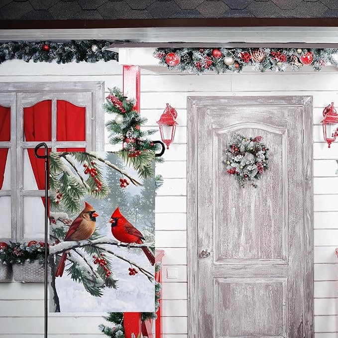 Winter Cardinal Bird Garden Flag Red Bird Pine Twigs Yard Flag Double Sided Polyester Holly Berry Snow Seasonal Garden Flags for Outdoor Farmhouse Christams Holiday Decor 12x18 Inch