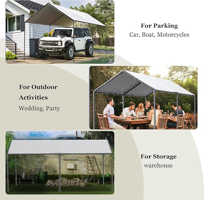 Carport, 10x20ft Heavy Duty Portable Garage, Car Port with Storage Shed, Car Canopy Car Tent with Steel Frame All-Season Tarp for Car, Truck, Boat, Party (B-White)