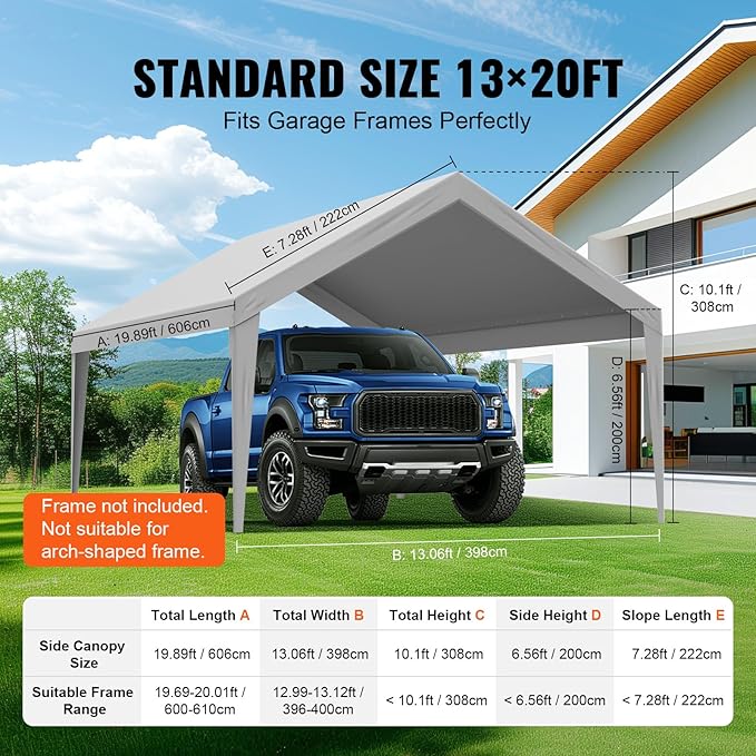 VEVOR Carport Replacement Canopy Cover 13 x 20 ft, Garage Top Tent Shelter Tarp Heavy-Duty Waterproof & UV Protected, Easy Installation with Ball Bungees,Grey (Only Top Cover, Frame Not Include)