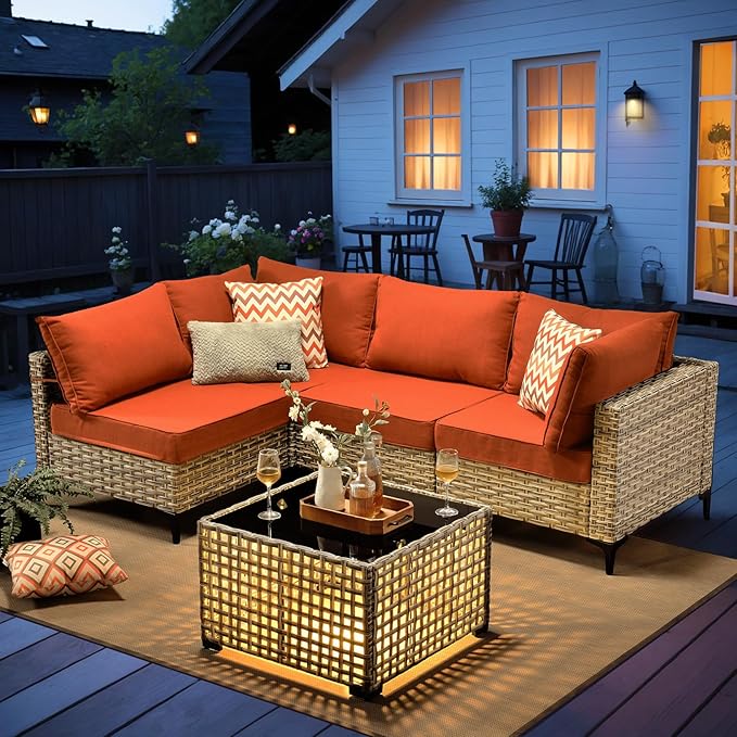 Outdoor Sectional Patio Furniture Set with Glowing Table,5 Pieces Wicker Conversation Sets L Shaped Couch Out Door Sofa Set Outside Furniture for Garden Deck Yard Porch,Red,