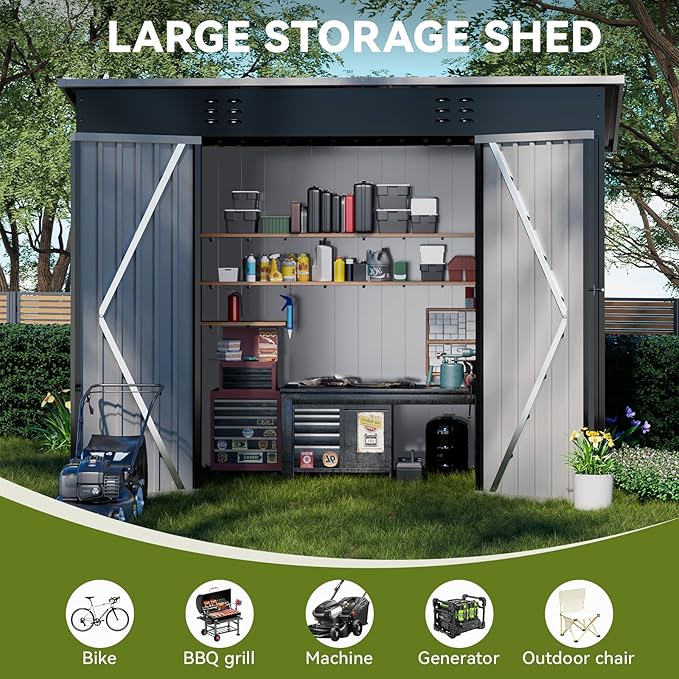COMHOMA Shed Outdoor Storage Shed Metal,Lockable Doors Tool Sheds with Sloping Roof,Steel Garden Shed with Air Vent for Backyard,Patio,Lawn,Poolside (Grey, 8'*4')