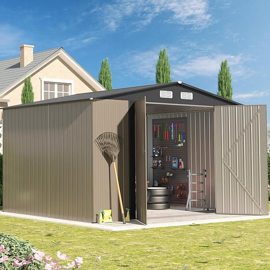 8×10 FT Metal Shed Outdoor with Peaked Roof, Weather Resistant Outdoor Storage Shed with Lockable Double Doors for Backyard, Patio Lawn, Garden