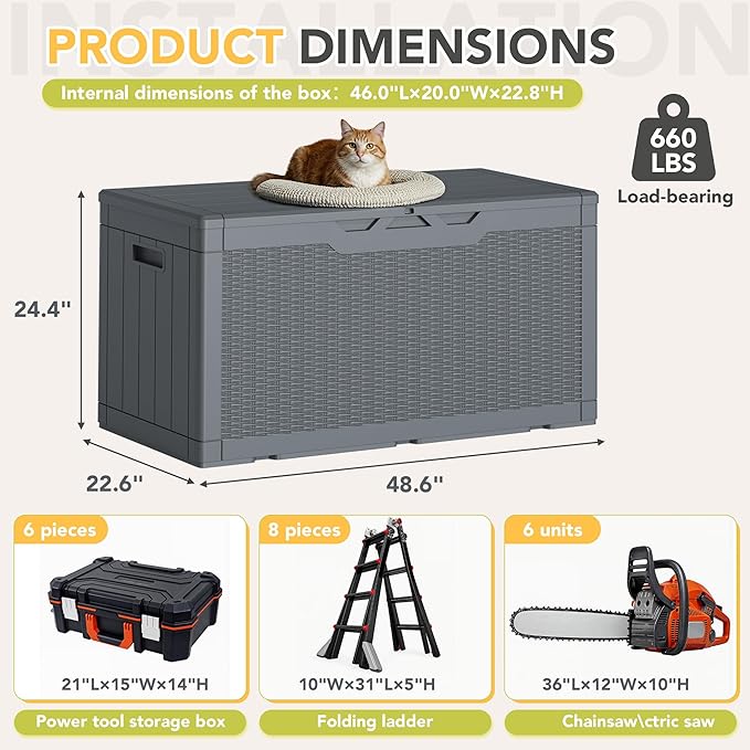 Greesum 100 Gallon Resin Deck Box Lockable Large Outdoor Storage Boxes for Garden Tools, Patio Furniture Cushions, Pool Supplies, Gray