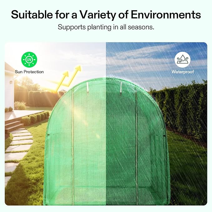 VIVOSUN 10x7x7 Ft. Large Walk in Greenhouse, Greenhouse Tunnel, Garden Plant Hot House with Green PE Cover, Roll-up Zipper Door and Window for Outdoor