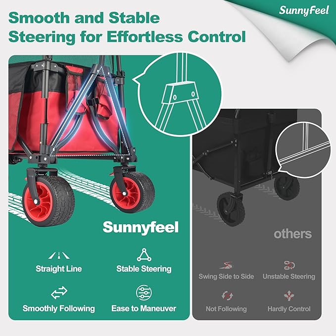 SUNNYFEEL Heavy Duty Collapsible Outdoor Utility Wagon Cart 500LB Capacity Adjustable Handlebar,Foldable Beach Wheels Stable Durable Oxford Fabric for Shopping Garden Camping (Red, Tall Version)