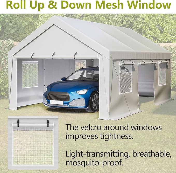 Carport 13x20ft Portable Garage Canopy Heavy Duty Car Port with Mesh Windows and Removable Sidewalls UV Resistant Waterproof All-Season Tarp for SUV, Boat, Truck White