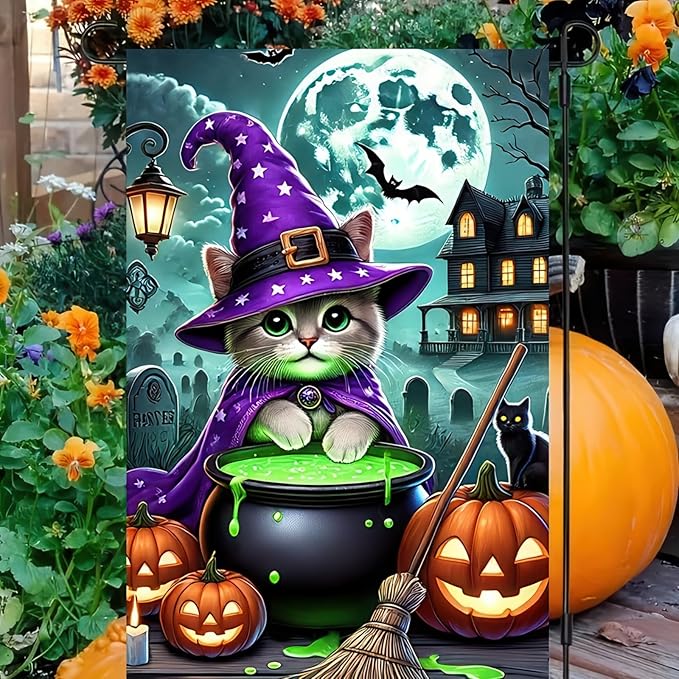 Halloween Garden Flag Double Sided 12x18 Flag Cat Flag Adorable Halloween Cat Garden Flag With Witch Hat And Cauldron Spooky Pumpkin And Haunted House Design For Outdoor Lawn Yard Decor
