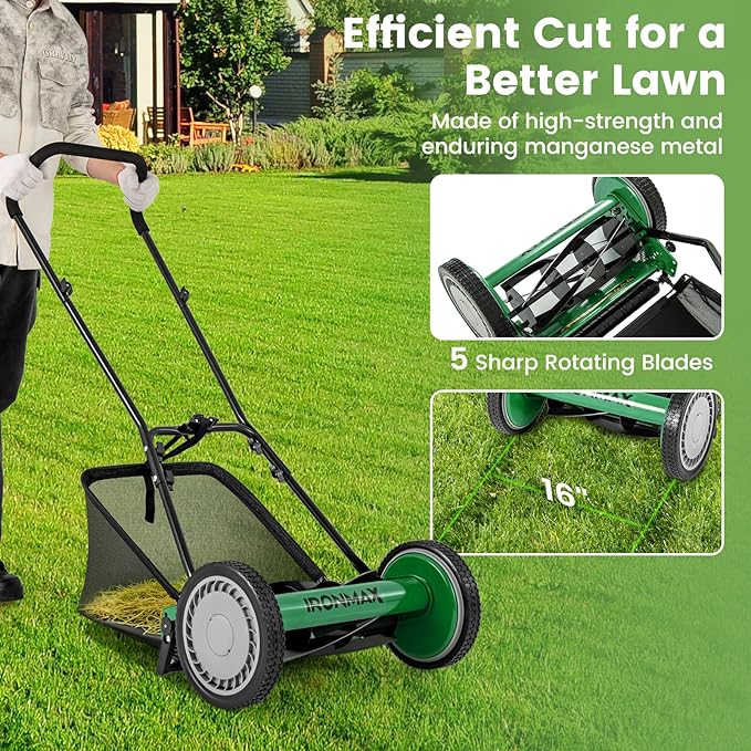 Goplus Manual Lawn Mower, 16 Inch 5-Blade Walk-Behind Cordless Grass Cutter with 7 Gallon Removable Grass Collect Bag, Adjustable Cutting Heights, Push Reel Lawn Mower for Yard, Garden
