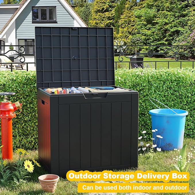 ROJIK Outdoor Storage Housing Deck Box - Waterproof Patio Furniture, Garden Tools, Cushions, Pool Accessories Storage Bench with Lockable Lid and Side Handles (Black, 30 Gal)