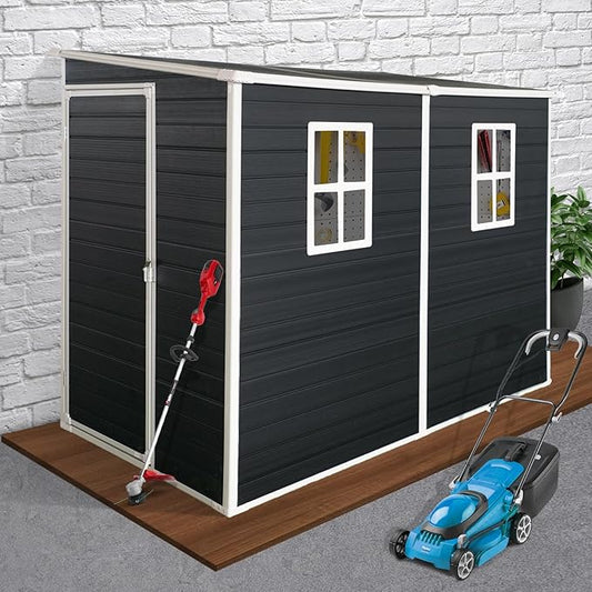 8x4ft Lean to Shed, Resin Outdoor Storage Shed with Floor and 2 Windows, Plastic Sheds & Outdoor Storage Clearance for Patio Furniture, Garden Tools Bike Accessories, Beach Chairs