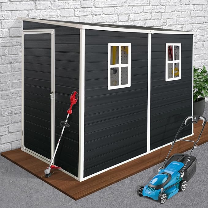 4x8 FT Lean to Shed, Resin Storage Sheds Outdoor with Floor, Plastic Sheds & Outdoor Storage Clearance with 2 Windows, Backyard Storage Sheds for Garden Tools, Bicycle, Gift for Dad