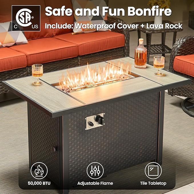 ovios 7 Pieces Patio Furniture Set, Outdoor Wicker Sofa Couch with Swivel Chairs 42" Fire Pit Table, All Weather High Back Modern Conversation Sets, Brown Rattan, Orange Red