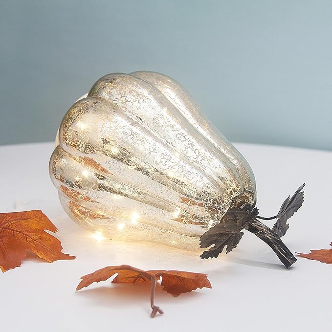 Mercury Glass Pumpkin Lights with Timer, Battery Operated Led Pumpkin Lights for Halloween Fall,Thanksgiving Rustic Decor (Silver Leafy, 9")