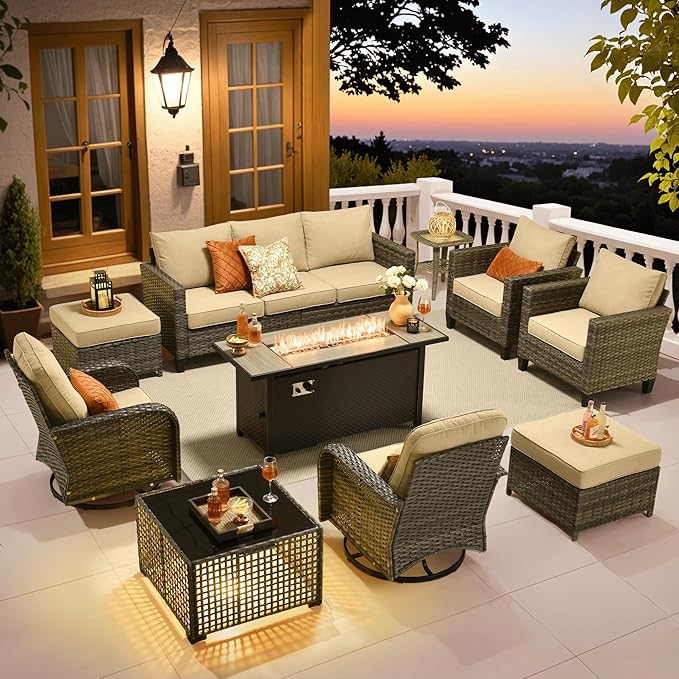 ovios 10 Pieces Patio Furniture Set, Outdoor Wicker Sofa Couch with Rocking Swivel Chairs Solar Lights Table Fire Pit, Modern Deep Seat Rattan Conversation Sets, Beige