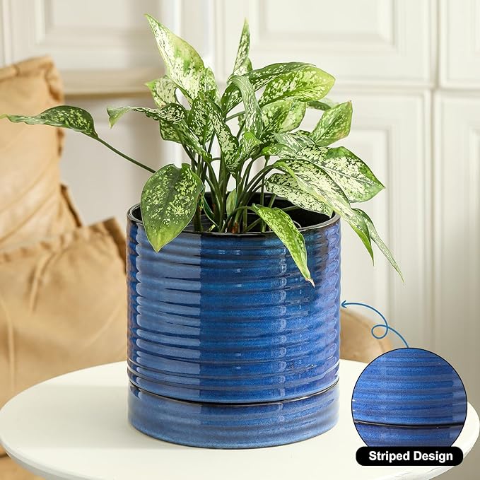 Hasense Ceramic Planter 8 Inch, Round Plant Pot with Drainage Hole and Saucer, Modern Flower Pot for Indoor Outdoor Plants, Home Office Decor, Blue