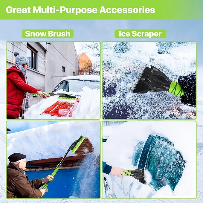 44" Ice Scraper and Snow Brush for Car Windshield with Extendable, 360° Pivoting, Soft Bristle Head, Foam Grip, for Car, Truck, SUV Window Tool (Green)