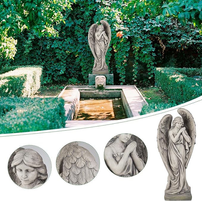 Outdoor Statues Angel Décor Garden Statue - 34 inch Large Garden Angels Outdoor Religious Statues Catholic Resin Concrete Finish Yard Patio Deck Home Entryway Hallway Sculpture 13.7 * 9.8 * 34 Inch
