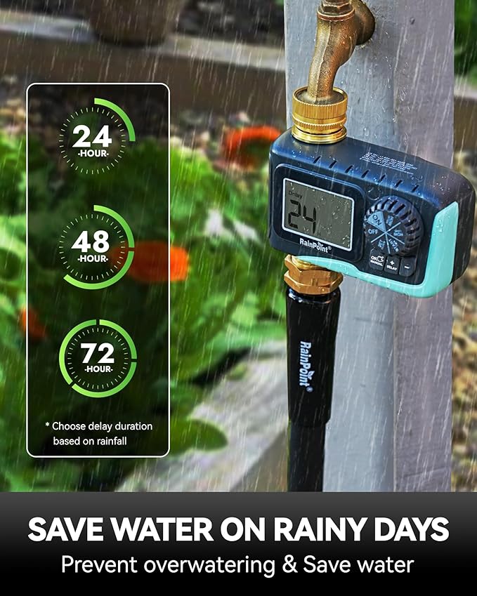 RAINPOINT Sprinkler Timer, 100% Metal Water Pipe Water Timer for Garden Hose, Programmable Hose Controller with Manual Watering/Rain Delay, Automatic Drip Irrigation System for Lawn, 1 Outlet