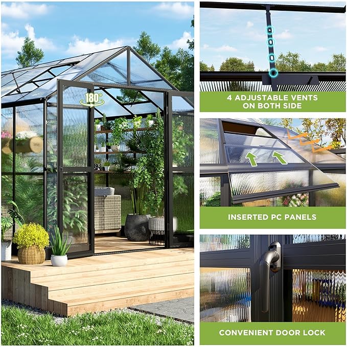 HOWE 8x16x7.5 FT Polycarbonate Greenhouse with Swing Doors, 4 Vents, 5.2FT Added Wall Height, Walk-in Large Aluminum Greenhouse for Outdoors, Black