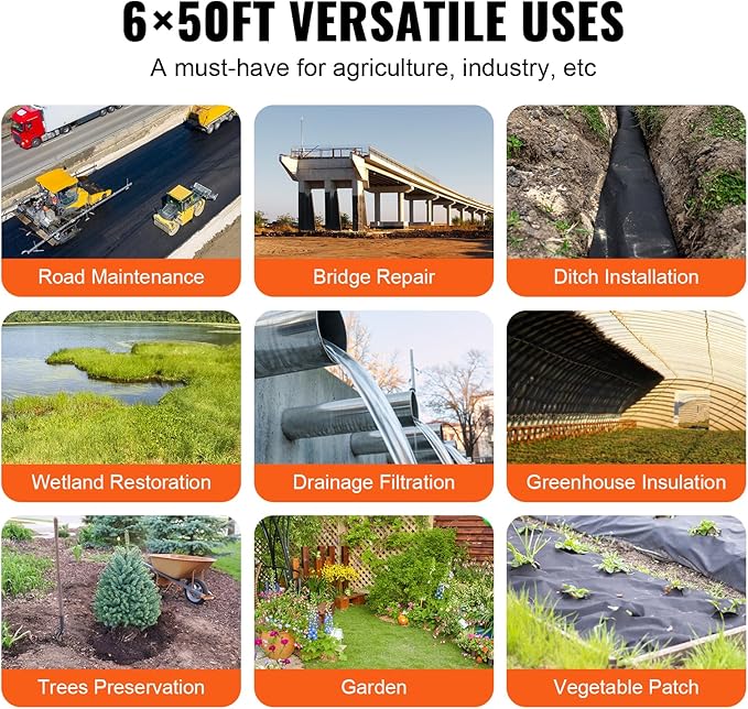 VEVOR Geotextile Landscape, 6ft x 50ft 8 oz, Non-Woven PP Drainage 350N Tensile Strength & 440 N Load Capacity, for Ground Cover, Garden Fabric, French Drains, Black