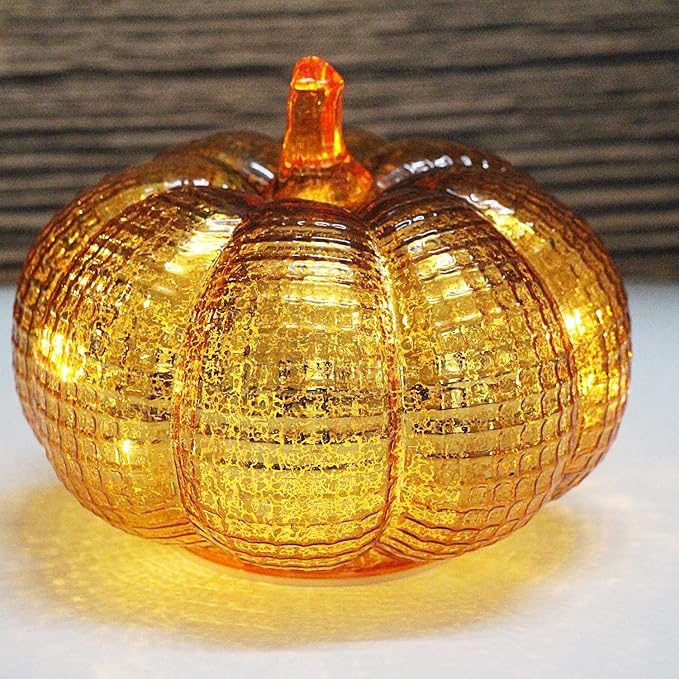 Mercury Glass Pumpkin Lights with Timer, Battery Operated Led Pumpkin Lights for Halloween Fall,Thanksgiving Rustic Decor (Gold Grid-Patterned, 5.5")