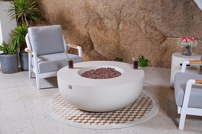 AMS Creations | Eclipse 44" Round Cast Concrete Propane Gas Fire Pit Bowl Table | Cream White | Smooth Texture Surface | Electronic Ignition | Outdoor Patio Heater Outside Backyard Fireplace