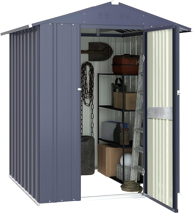 MUPATER 4 x 6 FT Outdoor Storage Shed, Galvanized Metal Garden Tool Shed, Patio Furniture Storage House with Slooping Roof, Lockable Door and Vents for Backyard and Garden, Grey
