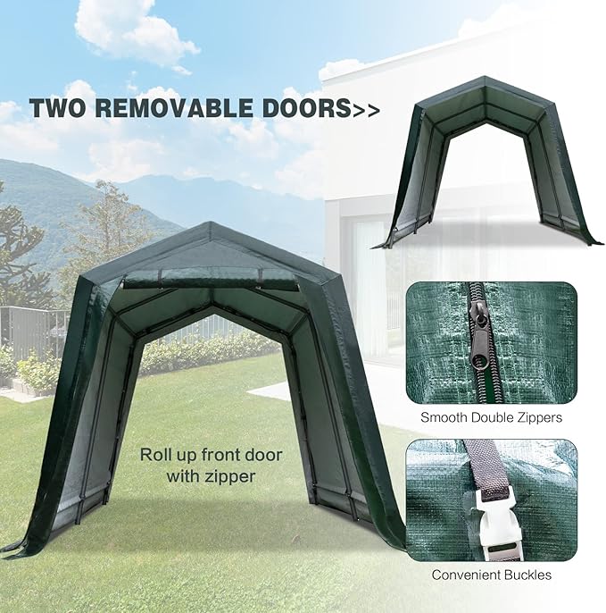 ERGOMASTER 8 Ft x 14 Ft Outdoor Carport Patio Storage Shelter Metal Frame and Waterproof Ripstop Cover for Motorcycle and ATV Car
