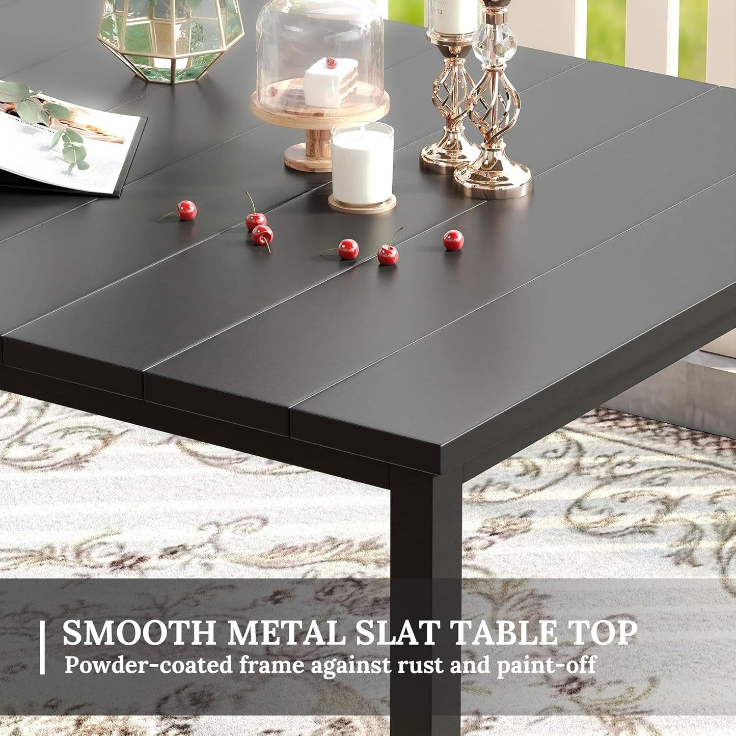 VICLLAX Patio Dining Set for 6, Outdoor Furniture Set Includes 63" Rectangle Patio Table and 6 Patio Stackable Chairs, Outdoor Table and Chairs for Outsides, Black Tabletop and Blue Fabric