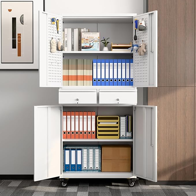 71" H Rolling Tool Storage Cabinet with Pegboard and 2 Drawers,Metal Garage Storage Cabinet with Wheels 4 Doors and Adjustable Shelves for Garage, Kitchen,Office,Required Assembly,White