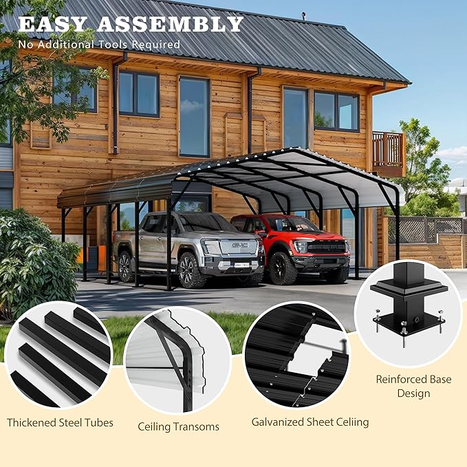 Nuturelly 20x20 FT Metal Carport, Heavy Duty Carport Canopy with Enhanced Base, Outdoor Car Shelter with Galvanized Steel Roof and Frame Garage for Truck, SUV, Boat(Black)