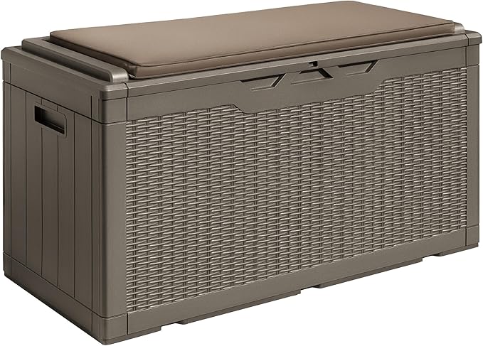 Devoko 100 Gallon Waterproof Large Resin Deck Box Outdoor Storage Box Indoor Lockable Storage Container with Cushion for Patio Furniture Garden Pool Cushions (Light Brown)