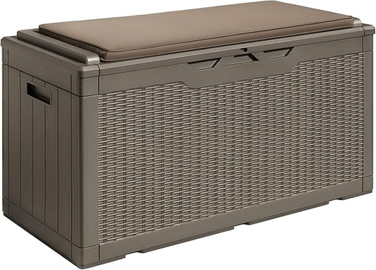 Devoko 100 Gallon Waterproof Large Resin Deck Box Outdoor Storage Box Indoor Lockable Storage Container with Cushion for Patio Furniture Garden Pool Cushions (Light Brown)