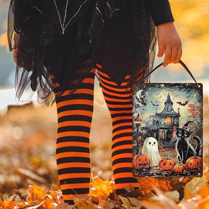 Halloween Black Cat Vintage Sign Funny Ghost Pumpkin Metal Tin Sign Halloween Bat Decor for Home Bar Kitchen Hotel Dining Room Coffee 12x16inch