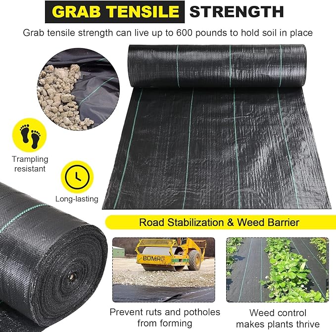 DWALE Driveway Fabric, 4x300 ft Polyethylene 4OZ Woven Black Weed Barrier Fabric for Erosion Control, Landscaping & Construction Projects