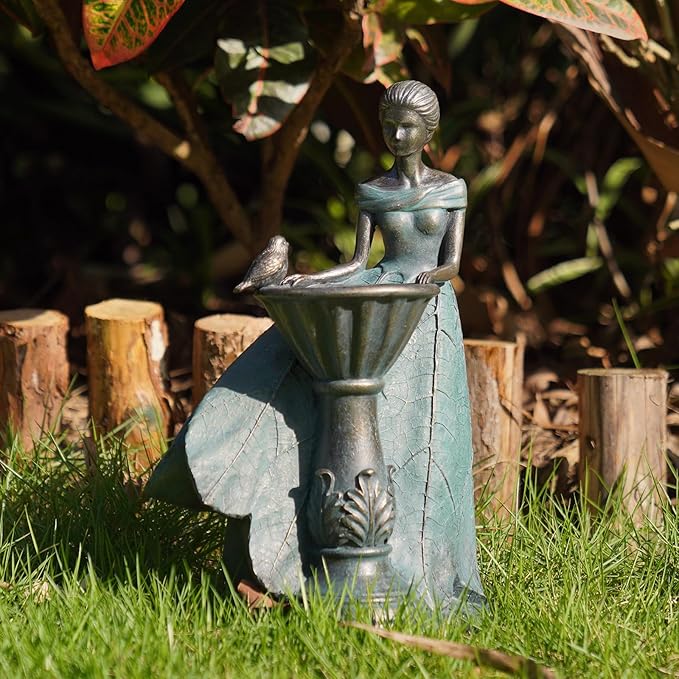 DiliComing Fairy Outdoor-Statues Garden-Decor with Solar - 12 Inch Resin Leaf Girls Birdbath Sculpture Waterproof Outdoor Decor for Patio/Yard, Unique Bird Feeder Figurines Home Decor Gifts for Women