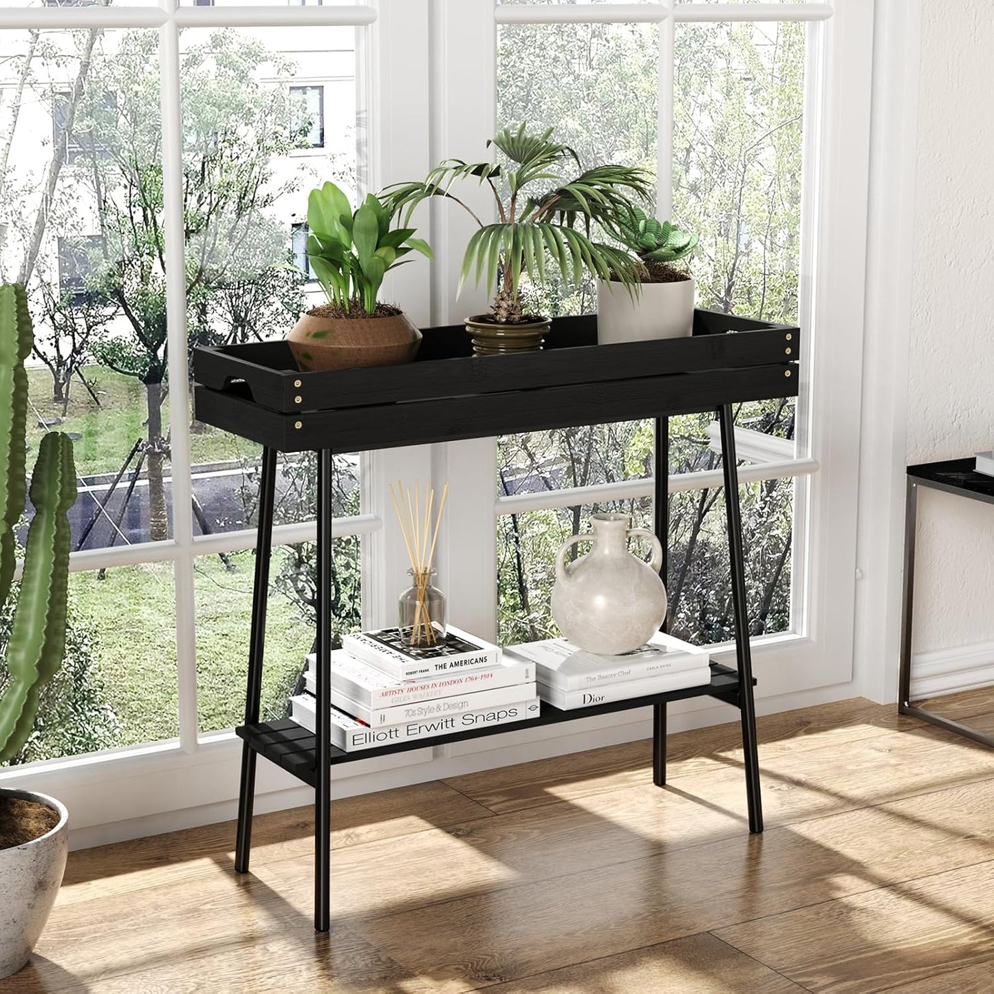 BAMBANG Bamboo Plant Stand Indoor, 2 Tier Small Plant Table, Tall Plant Stand for Indoor Plants, Window Sill Plant Shelf, Flower Pot Holder Plant Bench Plant Rack for Living Room Outdoor, Black