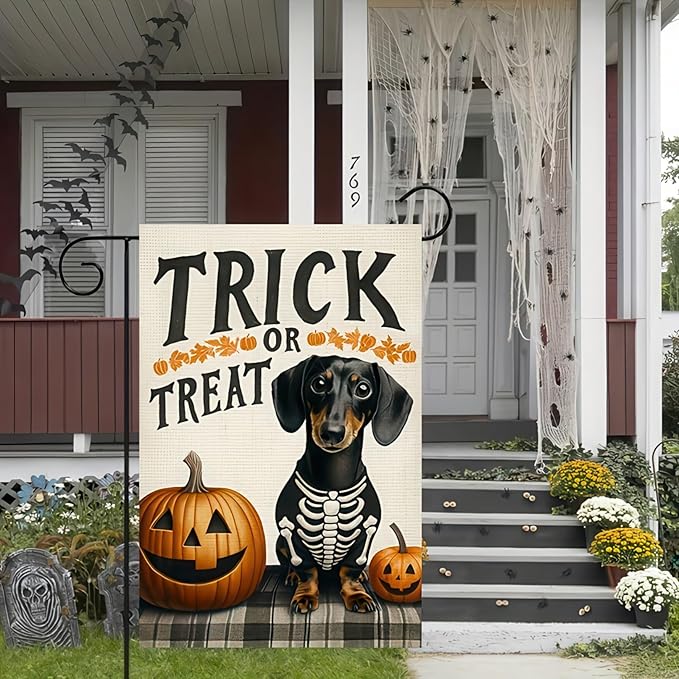 Halloween Garden Flag - Ghost Dog Trick or Treat 12x18 Double Sided Dachshund Flag for Home Yard Outdoor Skeleton Decorations